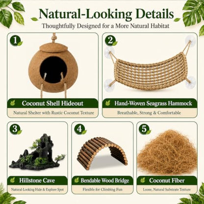 Reptile Tank Accessories Kit Bearded Dragon Tank Decor Leopard Gecko Habitat Accessories Reptile Hammock Coconut Hut Terrarium Decor