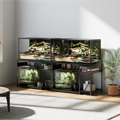 120 Gallon Fish Tank Stand with Power Outlets, Heavy Duty Large Aquarium Stand with Light, Double Reptile Tank Turtle Terrariums Table for Fish Tank Accessories Storage,1100LBS Capacity - color: Black