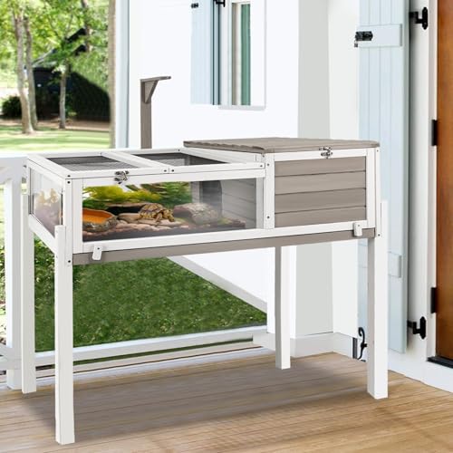 Ketive Tortoise Habitat Large Wooden Tortoise Enclosure Habitat with No-Leaking Tray Indoor & Outdoor, Reptile Cage for Small Animals TOR03-Grey