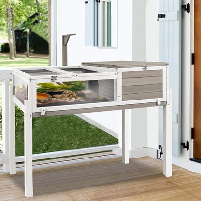 Ketive Tortoise Habitat Large Wooden Tortoise Enclosure Habitat with No-Leaking Tray Indoor & Outdoor, Reptile Cage for Small Animals TOR03-Grey