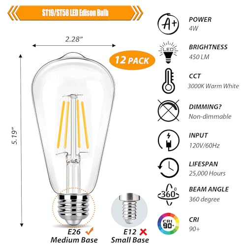 winsaLED 12 Pack LED Edison Bulb 40 Watt Equivalent, Non-Dim, 4W ST19 3000K | Warm White LED Light Bulb, 450LM, E26 Base, CRI 90 - color: 3000k-warm White