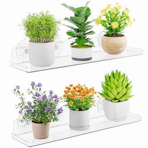 Lifewit Window Plant Shelves 14.6", 2 Pack Acrylic Suction Cup Holder | No-Drill Window Sill Extender for Indoor & Outdoor Micro Greens, Clear Floating Shelf for Bathroom Mirror, or Kitchen Wall