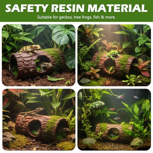 Reptile Hide Cave, Resin Hollow Tree Trunk Hideout with Faux Moss Set, Reptile & Amphibian Habitat Hideouts, for Arboreal Reptiles, Hermit Crabs, Leopard Gecko, Lizard Terrarium Decor