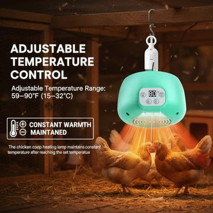 Enhon 2 Sets Chicken Coop Heater, Timing Heat Lamp for Chickens, Smart Temperature Control Chicken Brooder Heater Greenhouse Warmer, 5 Ft Ultra Long Cable Reptile Heating Lamp for Chicks Duck Dog Cat