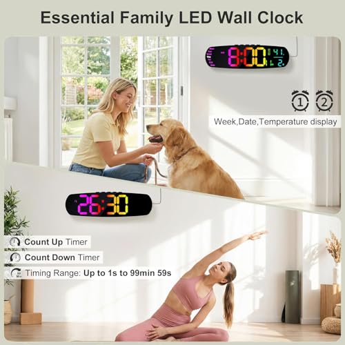 Large Digital Wall Clock for Classroom, 14.4 inch Large Display | Auto Dimming, Temperature and Date, Remote Control, Night Light, DST, Alarm, Wallclockfor Gym/Bedroom/Living/Seniors - color: Vibrant