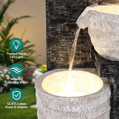 40" H Multilayer Cascading Outdoor Water Fountain with LED Lights & Pump, Sand-Textured Polyresin Freestanding Garden Fountain for Tranquil Garden, Patio or Porch | Unique Sand-Textured Polyresin Freestanding Garden Fountain for Garden, Patio or Porch - c