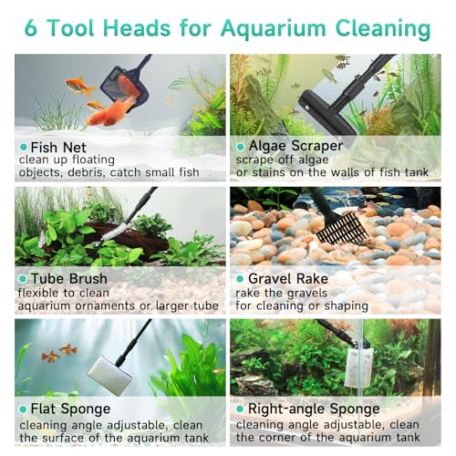 hygger 6-in-1 Aquarium Cleaning Tools, Multipurpose Fish Tank Cleaning Kit for 20-160 Gallon Tank with Telescopic Long Handle,6 Clean Heads - size: Medium