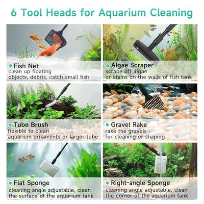hygger 6-in-1 Aquarium Cleaning Tools, Multipurpose Fish Tank Cleaning Kit for 20-160 Gallon Tank with Telescopic Long Handle,6 Clean Heads - size: Medium