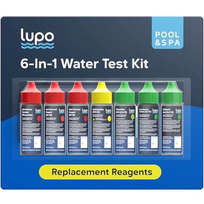 Lupo 6-in-1 Pool Test Kit Replacement Reagents | Pool Testing Kit Refill Reagents for Testing Total Chlorine, Total Bromine, pH, Base Demand, Acid Demand & Total Alkalinity | Refill Reagents ONLY - size: 6-in-1 Refill Reagents