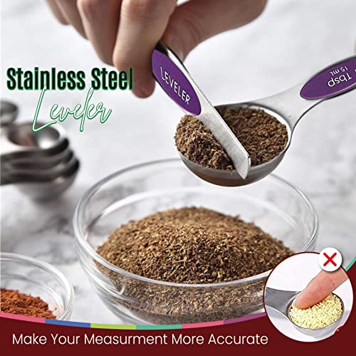 Magnetic Measuring Spoons Set of 9 Stainless Steel Dual-Sided Stackable Measuring Spoon Nesting Teaspoons Measuring Dry and Liquid Ingredients, Fits in Spice Jars Set of 9 (Purple) - color: Purple