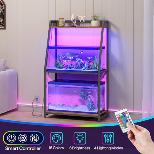 HOOBRO 20-29 Gallon Fish Tank Stand with Power Outlets and LED Light, Heavy Duty Aquarium Stand, Metal Frame Reptile Turtle Tank Stand, 33.1'' L x 15.7'' W, 300 LBS Capacity, Rustic Brown BF41UDFT01