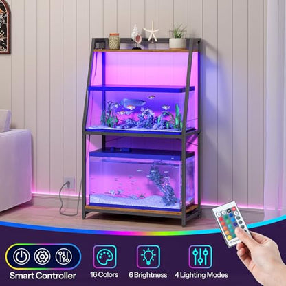 HOOBRO 20-29 Gallon Fish Tank Stand with Power Outlets and LED Light, Heavy Duty Aquarium Stand, Metal Frame Reptile Turtle Tank Stand, 33.1'' L x 15.7'' W, 300 LBS Capacity, Rustic Brown BF41UDFT01
