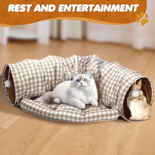 Spardar 2-in-1 Bunny Tunnel Bed, with Removable Mat Hideout, Checkered | Collapsible Tunnel Tubes Toys, Washable, Interactive Toys for Rabbits, Chinchilla, Hedgehog, Guinea, Kitty - color: Checkered
