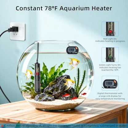 HiTauing Small Aquarium Heater 25W, Constant Temperature 78℉ Fish Tank Heater with Digital Thermometer, Submersible Betta/Turtle Tank Heater for Freshwater and Saltwater Tanks