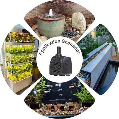 SongLong 200GPH(750L/H) 9.9ft Power Cord Submersible Pump, Water Fountain Pump with 5.3ft Lift for Ponds, Water Fountains, Aquariums & Hydroponics.