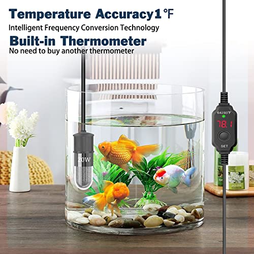 YOFOTHS Adjustable Mini Aquarium Heater, 20W for Tanks 2-4 Gallons | Fish Tank Heater, Digital Display Thermostat, External Temperature Controller - size: 20W