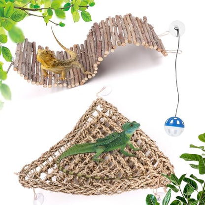 Large Bearded Dragon Tank Accessories, Natural Adjustable Reptile Climbing Toys Bendable Bridge, Reptile Habitat & Hermit Crabs Habitat Decor with Climbing Hammock Toys for Hermit Crab, Lizard, Snake