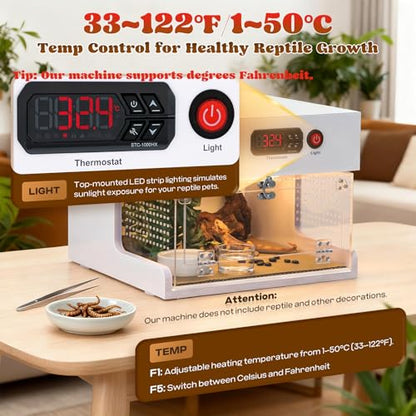 Moongiantgo Thermostat-Controlled Reptile Enclosure 11.89x12.01x9.25 Inch | Detachable Leopard Gecko Tank Heating Habitat, Front Opening Acrylic Terrarium for Crested Gecko, Small Pets, Air Flow&Latch