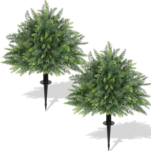 24.5" Artificial Trees for Outdoors, Set of 2 Cedar Topiary Trees Artificial Outdoor with Ground Spike, UV Resistant Faux Cypress Pine Shrubs, Fake Evergreen Plants for Front Porch, Garden, Indoor - color: 24inch-2pc