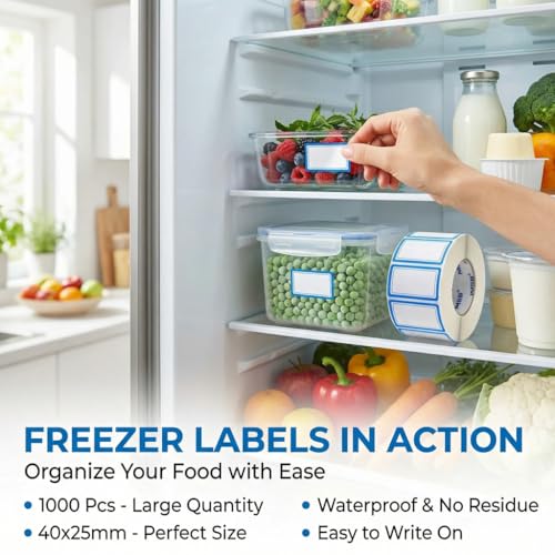 1000Pcs 40x25mm Blue Freezer Labels, Waterproof Write-On Stickers | 1000Pcs 40x25mm labels; removable writable adhesive for jars, containers, meal prep, pantry storage, and freezer use. - color: 1000pcs- Blue