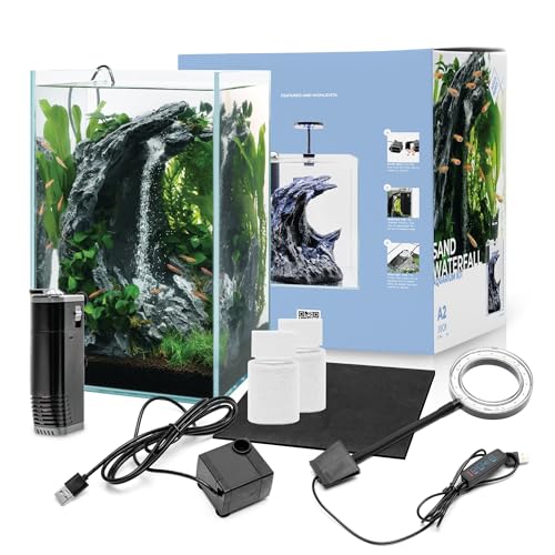 Sand Waterfall Tank Kit - Silent Operation Falling Sand Fish Tank w/LED Light and Self Cleaning Filtration - Desktop Rimless Starter Aquarium Kit, Just Add Plants - 9.51GAL | 36L (A2) - size: A2 (30CM)