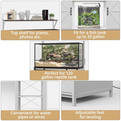 VOWNER 48"x24"Reptile Tank Stand with Power Outlet & Storage Cabinet, White | Fits up to 120 Gallon Bearded Dragon Tank, Sliding Barn Doors, Heavy Duty Aquarium Stand, Reptile Turtle Terrarium Stand - color: White + Walnut