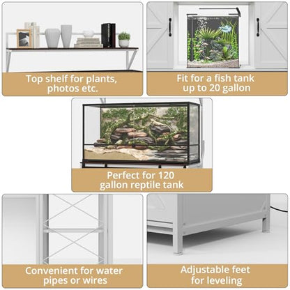 VOWNER 48"x24"Reptile Tank Stand with Power Outlet & Storage Cabinet, White | Fits up to 120 Gallon Bearded Dragon Tank, Sliding Barn Doors, Heavy Duty Aquarium Stand, Reptile Turtle Terrarium Stand - color: White + Walnut