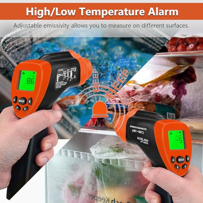 Infrared Thermometer Gun -58°F to 1292°F, Non Contact Laser Temperature Gun with 16:1 D:S, Adjustable Emissivity, Max Min Avg, High/Low Alarm for Pizza Oven Grill HVAC Auto
