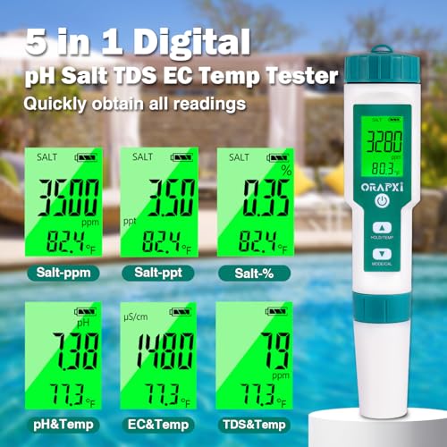 Pool Salt Tester pH and Salt Meter for Saltwater Pool pH Tester | Digital Salinity Tester 5 in 1 pH Salt TDS EC Temp Meter for Hydroponics Salt Meter for Swimming Pools Hot Tubs and Swim Spa