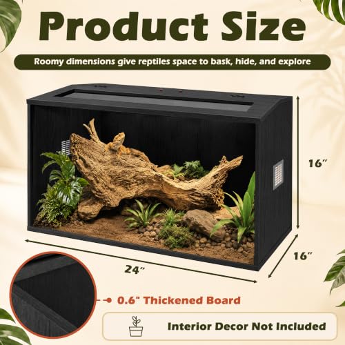 Bearded Dragon Tank, Reptile Enclosure, Tempered Glass Lizard Tank, Bearded Dragon Enclosure with Built-in Lamp Fixture and Wooden Roof for Chameleon (24x16x16 Inch, Black) - color: Black, size: 30 gallons