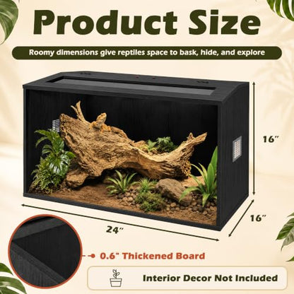 Bearded Dragon Tank, Reptile Enclosure, Tempered Glass Lizard Tank, Bearded Dragon Enclosure with Built-in Lamp Fixture and Wooden Roof for Chameleon (24x16x16 Inch, Black) - color: Black, size: 30 gallons