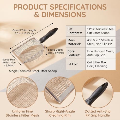 Fine Mesh Cat Litter Scoop Stainless Steel Sifter with Handle | 8-Mesh Fine Grid Cat Litter Scoop with PP Handle; Fast Sifting for Clumping Litter; for Cat Litter & Reptile Sand Cleaning