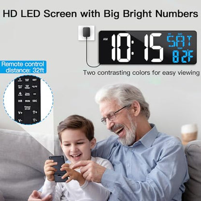 17" Large Digital Wall Clock with Remote, Auto Dimmer, Date Temp, Timer | Large clear display, Snooze function, Count up and down timer, Suitable for Living Room, Office, Gym Indoor Spaces - color: Ice Blue+ White