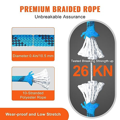 VEVOR Static Climbing Rope, 32 ft Outdoor Rock Climbing Rope with 26KN Breaking Tension, 0.4'' /10 mm High Strength Safety Rope, Escape Rope with 2pcs Carabiner and Storage Bag - size: 32 ft