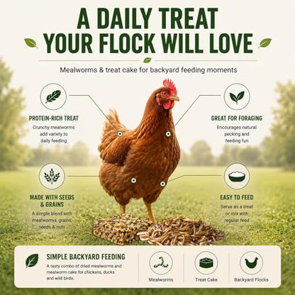 5LB Dried Mealworms + 175g Treat Cake for Chickens & Wild Birds | Dual-texture feeding combo, high-protein supplement, flexible feeding ways, compact storage packaging for flock daily care