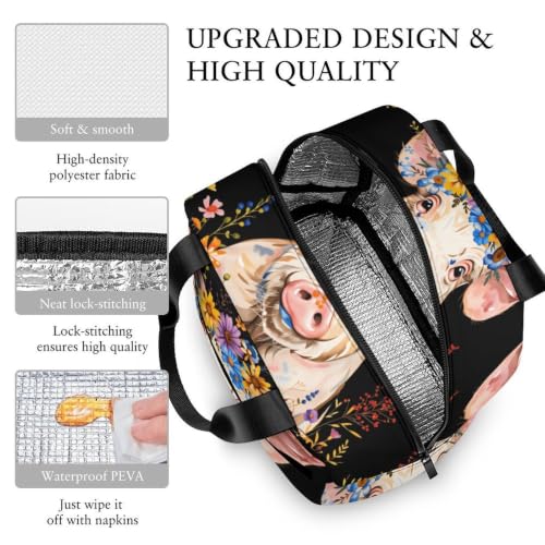 Pig Flowers Lunch Bag for Women Men | Insulated Lunch Box Leakproof Food Meal Containers Reusable Foldable 6L Capacity Lunch Tote Bags for Work Picnic Travel - color: style-8