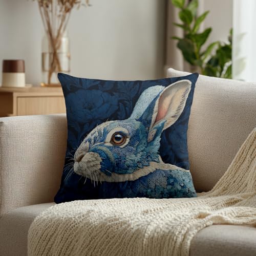 Cute Rabbit Throw Pillow Covers, Blue with Flowers Cushion Cases Digital Blended Hidden Zipperl Decorative Pillow Covers Square 16X16 in 2 Pcs - color: Cute Rabbit 14 Blue08, size: 16" x 16" (Pack of 2)
