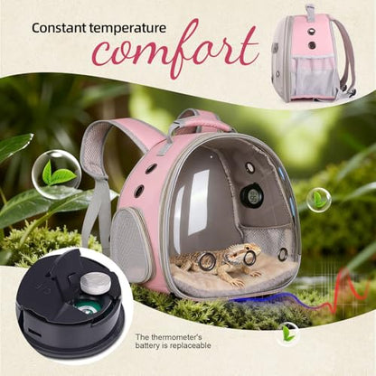 Bearded Dragon Backpack Carrier w/Reptile Thermometer Hygrometer, Clear Bubble Window Astronaut Space Capsule Travel Bag for Leopard Gecko, Ball Python, Lizard, Hermit Crab, Spider, Guinea Pig - color: Pink