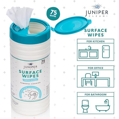 Juniper CLEAN 1 Pack Surface Cleaning Wipes Bleach Free, All-Purpose Cleaner for Bathroom, Kitchen, Office, 75 Count Canister, 7.5" x 7" Sheet, Fresh Scent, Lint Free & Durable - size: 75 Count (Pack of 1)