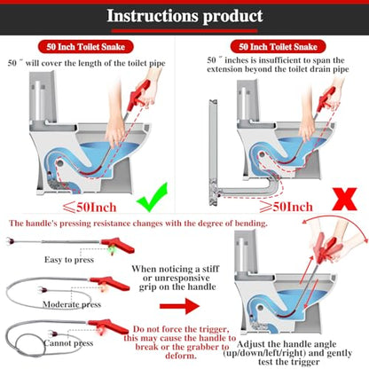 Toilet Auger Drain Snake Cleaner Tool,50" Toilet Snake Clog Remover Tool | Upgraded Grabber Unclogger Tool,Stainless Steel Telescoping Rod for Pick/Grab Objects Clogged in Toilet Pipes/Drain - style: 50inch Toilet Grabber Tool