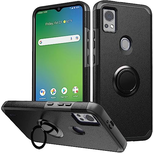 for AT&T SL112A 6782D / Cricket SL112C Shockproof Ring Stand Hybrid Cover Phone Case + Tempered Glass + Extreme Band + Stylus Pen + Pry Tool (Black) - color: Black