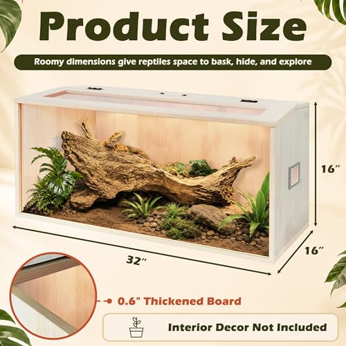 Bearded Dragon Tank,Wooden Reptile Tank and Lizard Tank,Tempered Glass Large Bearded Dragon Enclosure with Built-in Lamp Fixture (32X16X16inch,34 Gallons) - color: Wooden Roof, size: 32X16X16inch,34 Gallons