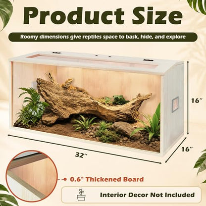 Bearded Dragon Tank,Wooden Reptile Tank and Lizard Tank,Tempered Glass Large Bearded Dragon Enclosure with Built-in Lamp Fixture (32X16X16inch,34 Gallons) - color: Wooden Roof, size: 32X16X16inch,34 Gallons