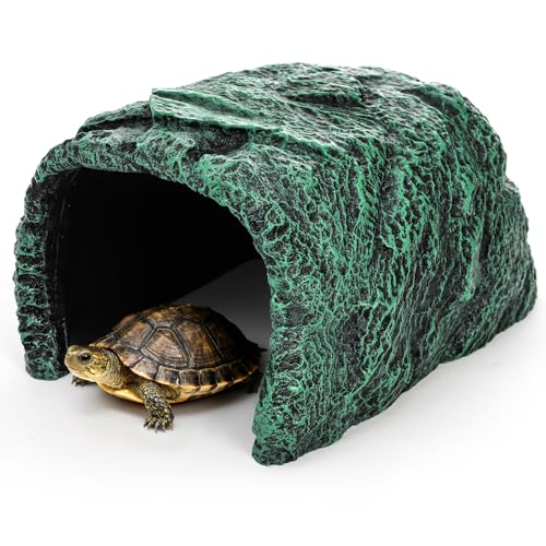 Cididu Reptile Hide Rock Cave, Resin Habitat Hidden for Terrarium and Aquarium Decor, Green Hideout Hide Cave Fit for Bearded Dragons, Lizards, Snakes, Geckos, Tortoises, Small Animals, Amphibians