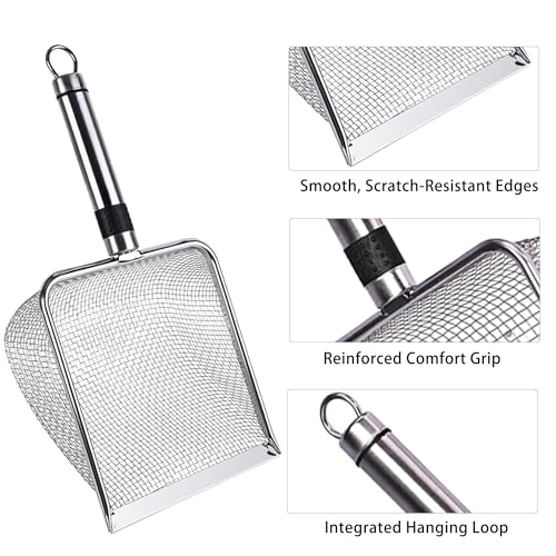2-Pack Stainless Steel Cat Litter Scoop, 3.8mm Fine Mesh & 5mm Metal Scooper, 5.5-Inch Wide Deep Shovel, Long Handle, Rustproof Cat Poop Scooper for Clumping Litter, Multi-Pet & Beach Sand