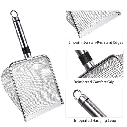 2-Pack Stainless Steel Cat Litter Scoop, 3.8mm Fine Mesh & 5mm Metal Scooper, 5.5-Inch Wide Deep Shovel, Long Handle, Rustproof Cat Poop Scooper for Clumping Litter, Multi-Pet & Beach Sand