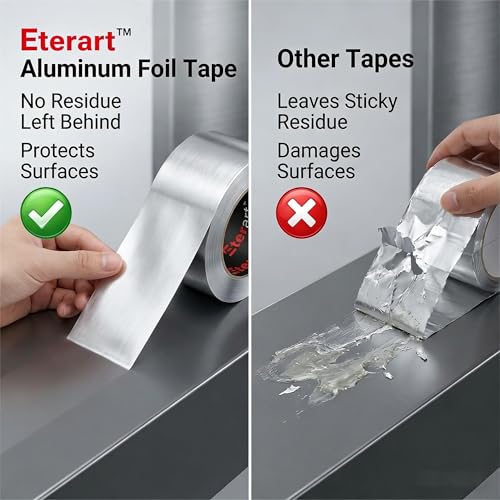 ETERART Aluminum Foil Duct Tape, High-Temp Seal for HVAC,2" x 20Yds | Heavy-Duty, Dryer Vents & Insulation, Stops Air Leaks & Resists Extreme Heat for Home Repair, Silver, easy to apply, durable - size: 2 Inches x 20 Yards