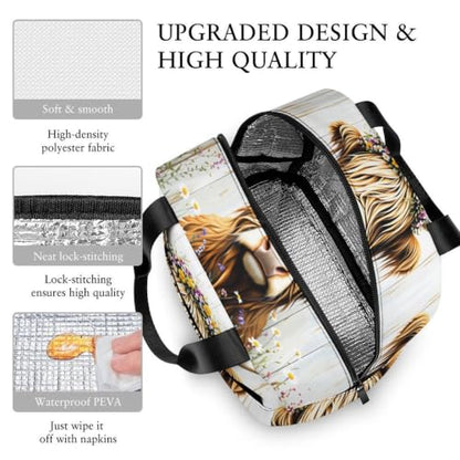 Rustic Highland Cow Flower Lunch Bag for Women Men | Insulated Lunch Box Leakproof Food Meal Containers Reusable Foldable 6L Capacity Lunch Tote Bags for Work Picnic Travel - color: Style 3