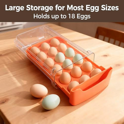 Egg-Holder for Fridge, Fits Small to Large Eggs, Orange | 18 Egg-Storage for Refrigerator Countertop, 1 Tier Dispenser with Drawer, Stackable Clear Egg Tray Container - size: 1 Tier-Orange