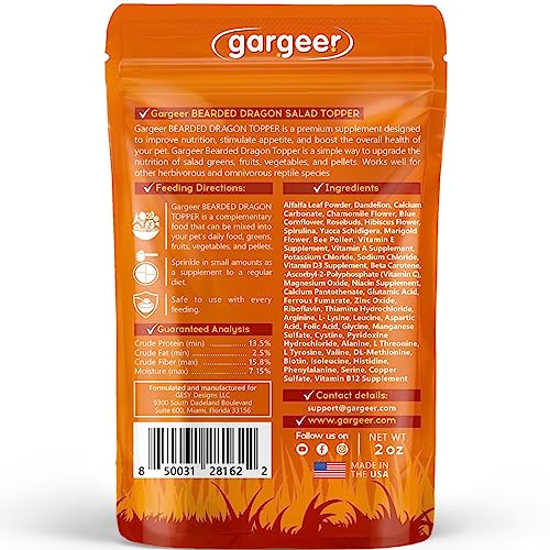 Gargeer 2oz Bearded Dragon Salad Topper. Enhanced Appetite, Made in USA | Enhances dragon salads & veggies! Rich in calcium, D3, amino acids & vitamins for robust digestion & vibrant health - size: 2 Ounce (Pack of 1)